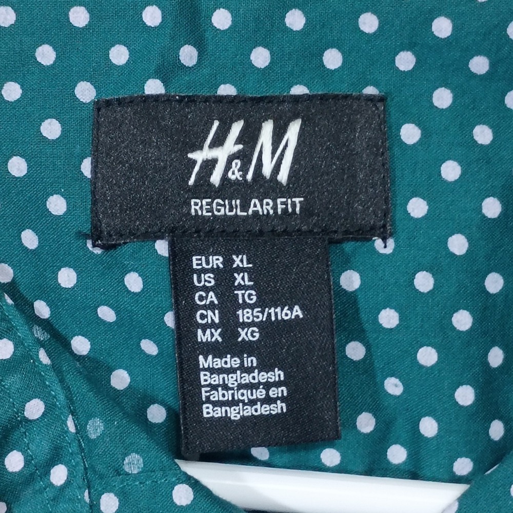 H&M Green Long Sleeved Button Up Shirt Poka Dots Sz.Xl